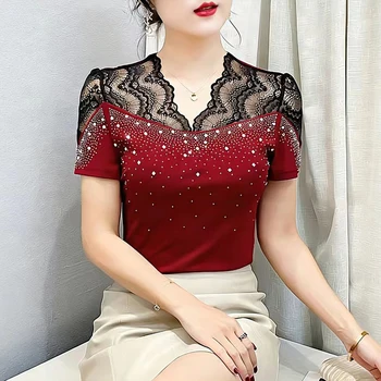 2026 Summer Women Tops New Korean Fashion Diamond Mesh T Shirt V-neck Short Sleeved Patchwork Lace Shirt 1