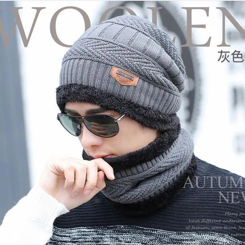 Winter Beanie Hat for Men Knitted Hat Winter Cap Beanie Women Thick Wool Neck Scarf Cap Balaclava Mask Bonnet Hats Set