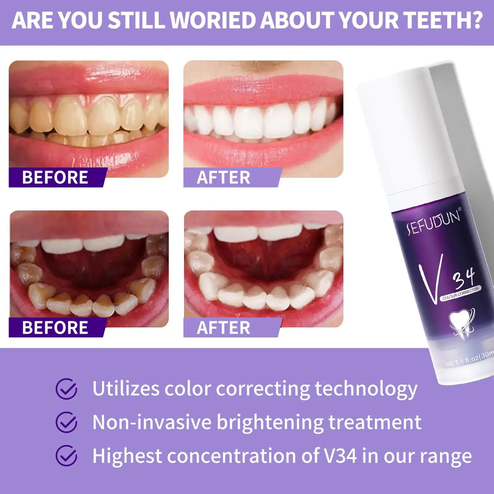 Teeth Whitening Toothpaste V34 Color Tooth Correction Whitener Teeth Purple Non-invasive Whitening Toothpaste