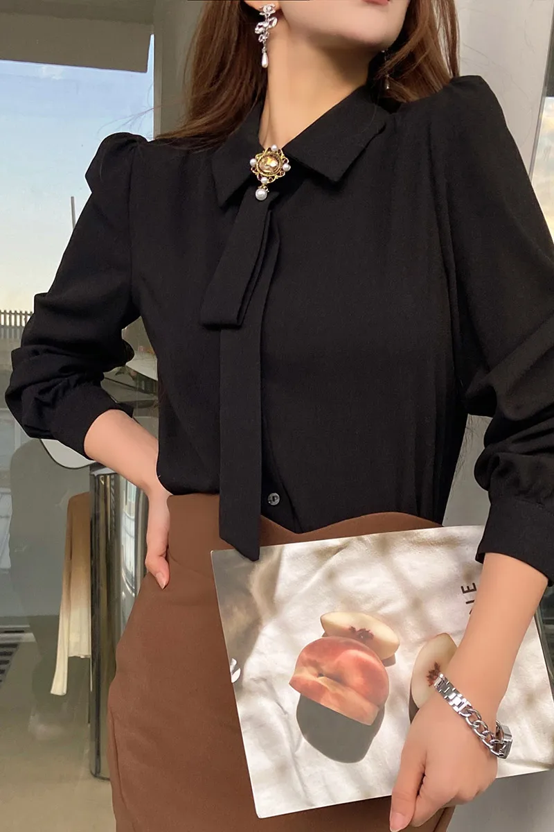 Dabuwawa газовая рубашка с отложным воротником для офиса для женщин 2023 Новая коллекция блузки в стиле преппи с длинным рукавом Рождество DM1DST003