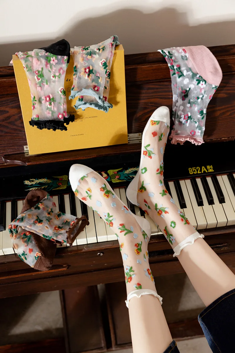 Floral Embroidery Crystal Silk Socks Summer Ultra-thin Transparent Vintage Lace Socks Women Sweet Girls Kawaii Cute Ruffle Socks