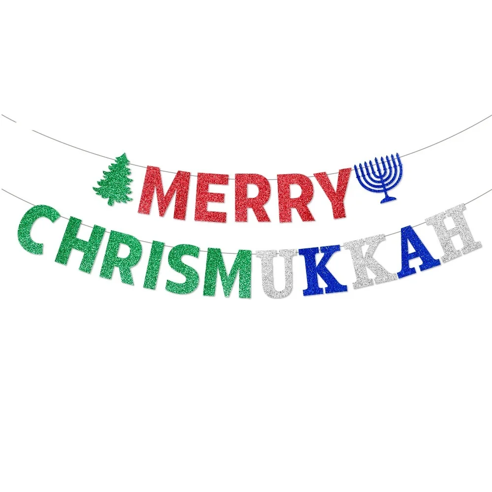 1Set MERRY CHRISMUKKAH Banner Hanukkah Party Decoration Candlestick Six-Pointed Star Paper Hanging Garland Home Party Decor Gift