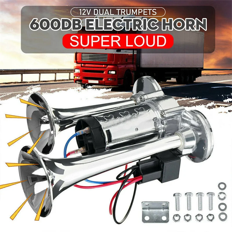 600DB 12V Dual Trumpets Super Loud Car Electric Horn Truck Boat Train Speaker Car 12V Compressor Air Horn with Wires Relay car siren horn car air horn air horn train horn waterproof horn
