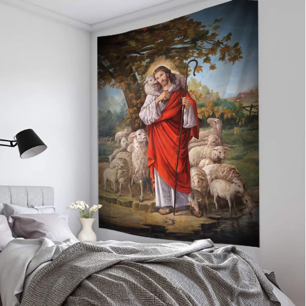 Description Picture 2 of itemVintage oil painting tapestry Christmas scene Jesus angel Easter wall hanging Christ art home living room bedroom decoration