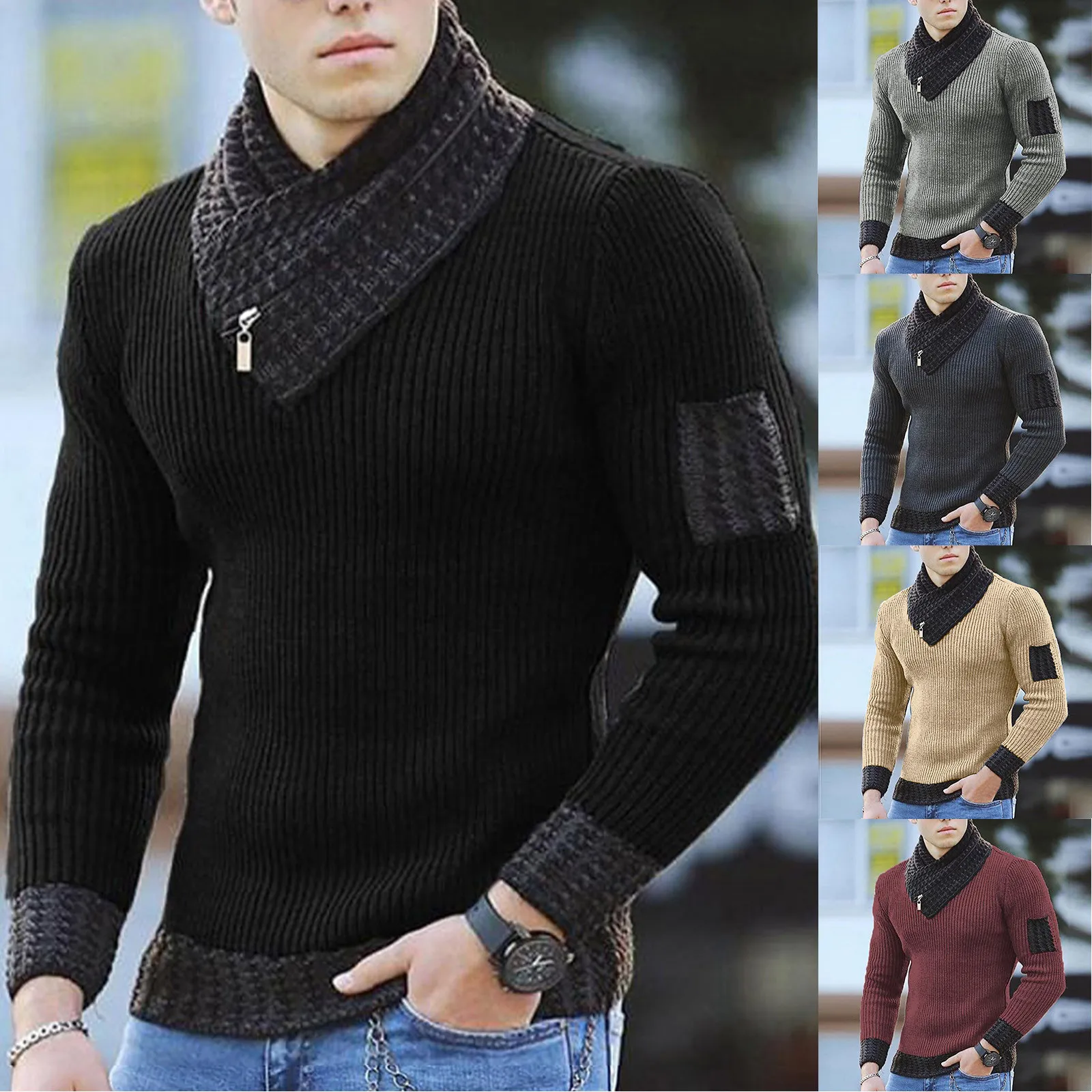 Solid Men'S Scarf Sweater England Warm Stand Collar Pullover ;Large Size Male Long Sleeve Stretch Knittwear Slim Fit Pullover