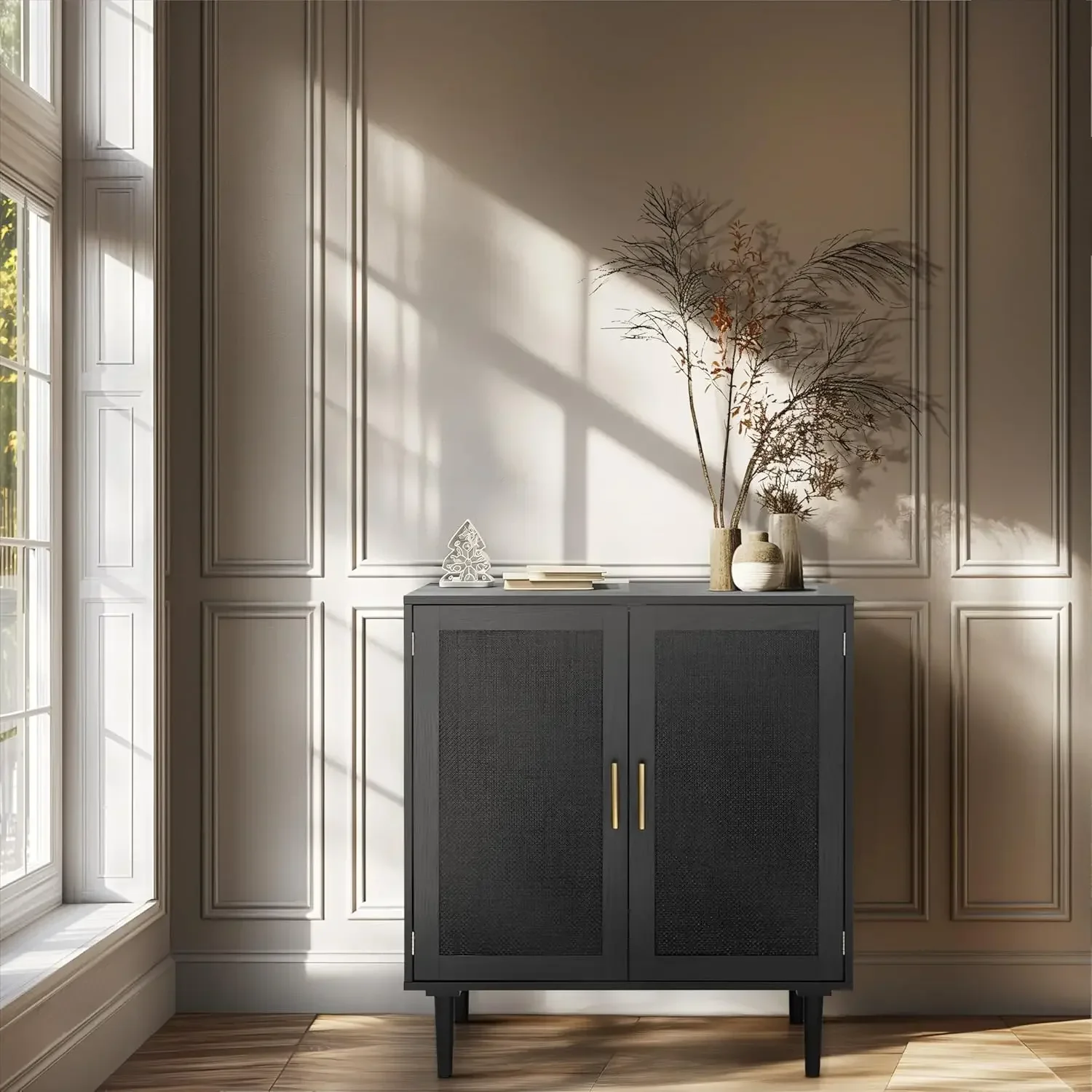 New2025-Sideboard Buffet Kitchen Storage Cabinet with Black Painted Rattan Decorated Doors, Dining Room, Hallway, Cupboard