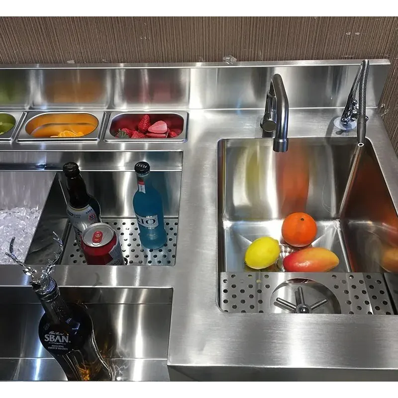 Commercial Cocktail Bar Station with Right Sink Ice Bin Speed Rail Food Pan For Bar Project