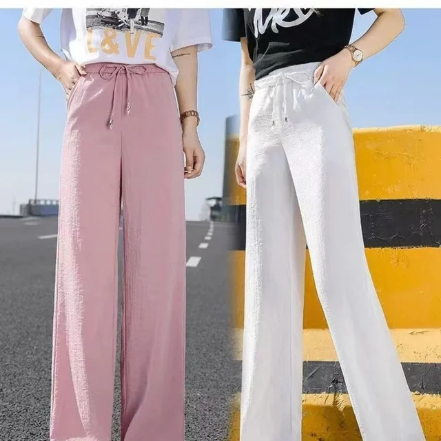 Plus size Women Ankle-Length Wide Leg Pants Casual Summer Solid Elastic Waist Loose Ice Silk Pants Spring Summer Female Trousers