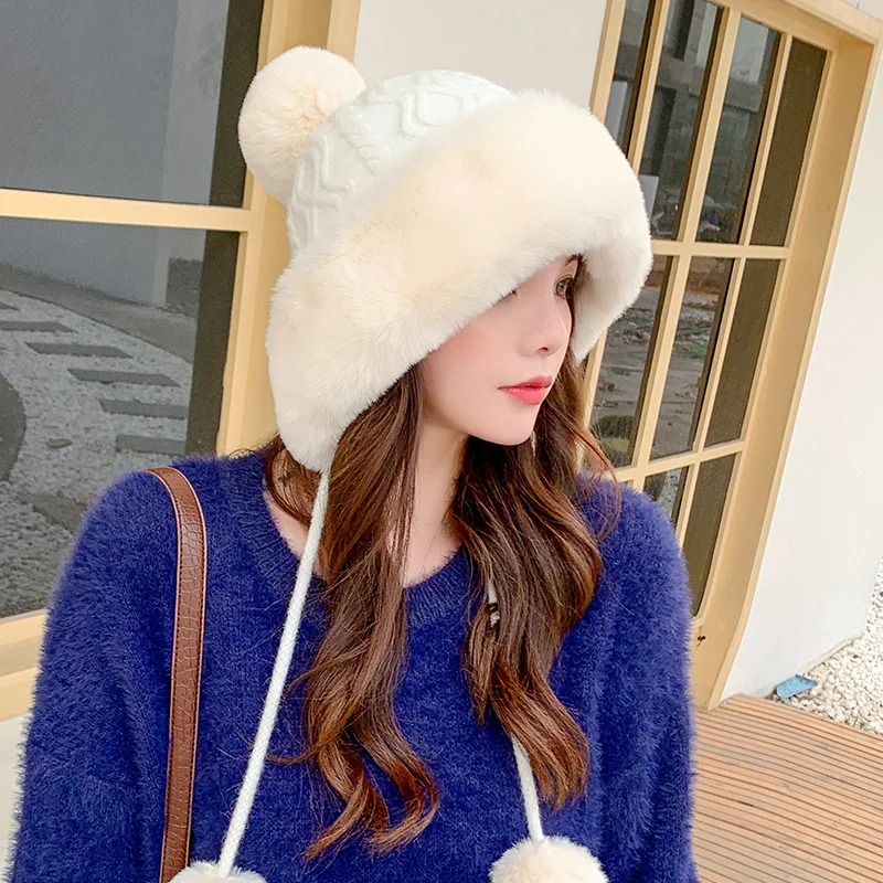 

Winter Gift For Her Pompom Beanies Cotton Cashmere Female Fleece Lined Hat Caps