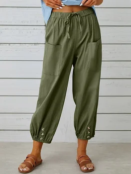 Plus Size 1XL-5XL Women's Spring Summer Cotton Linen Wide Leg Females Trousers Button Casual Pants