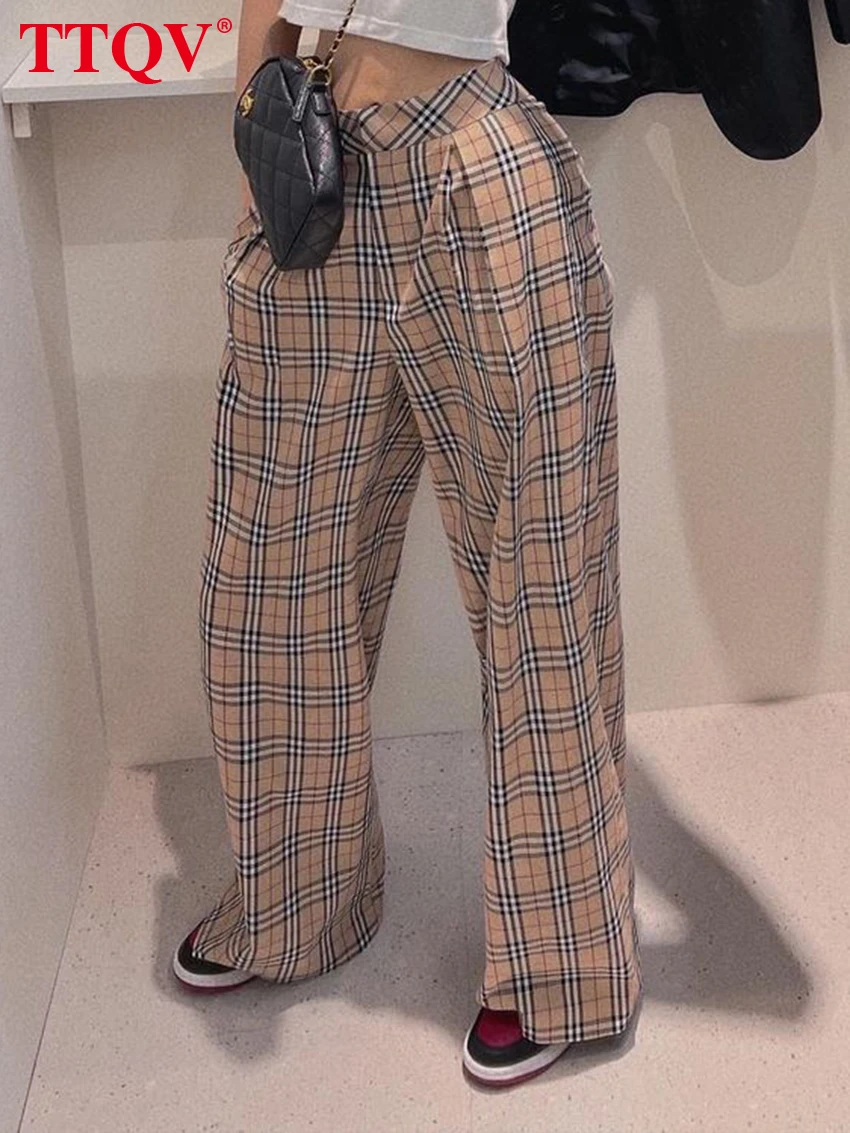 

TTQV Fashion Khaki Plaid Print Women'S Pants 2023 Elegant Low Waist Loose Trousers Autumn Casual Straight Sweatpants Streetwear