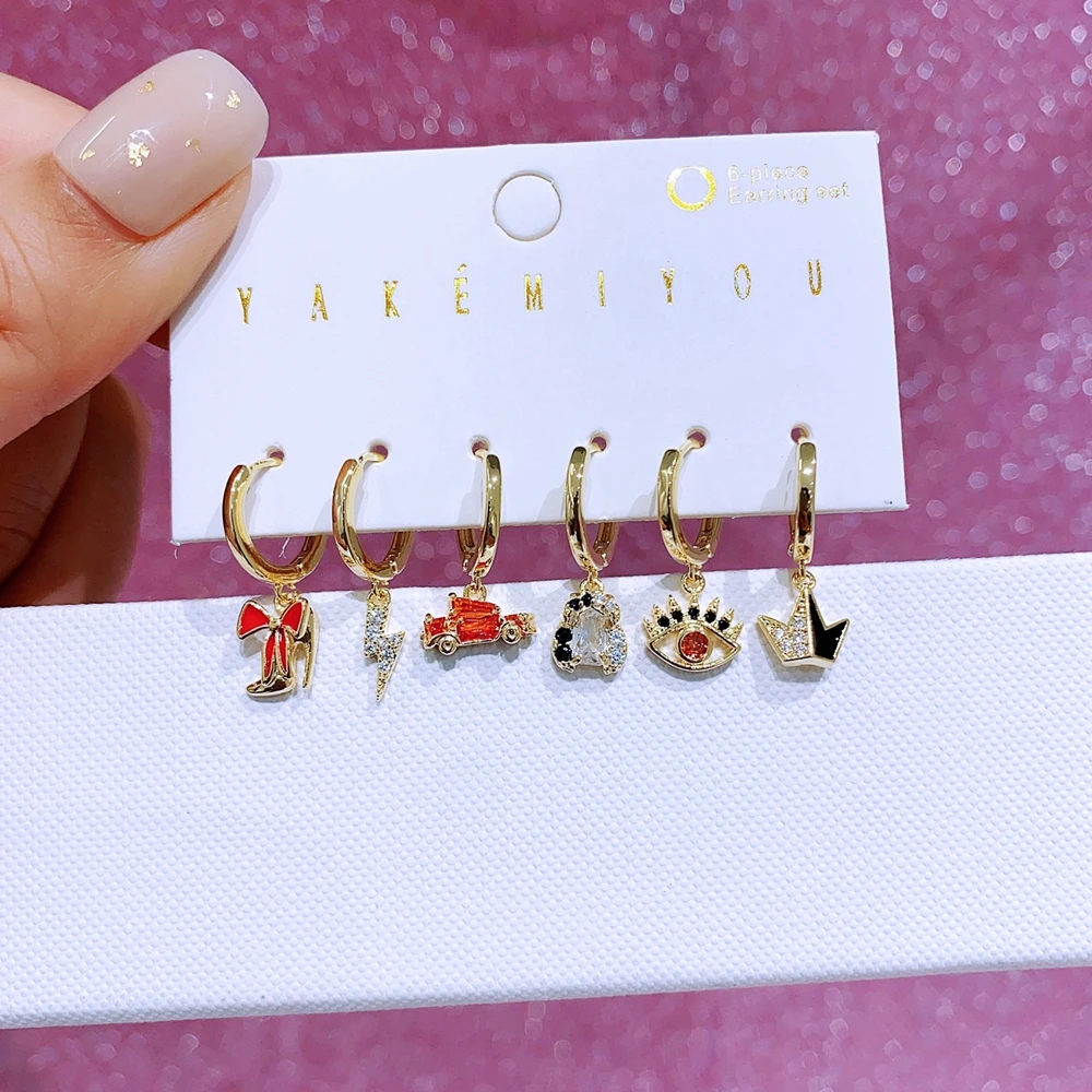 MIGGA 6pcs/set Villain Hoops Huggie Earrings Gold Color Cubic Zircon Women Jewelry 4