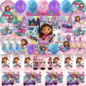 개비 인형 집 고양이 생일 파티 장식 풍선 핑크 만화 식기 배경 베이비 샤워, 어린이 소녀 파티 용품, 신제품