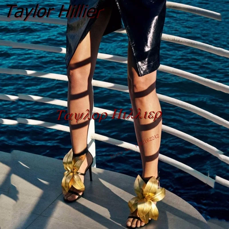 

New Summer Gold Big Flower Stiletto High Heels Round Toe Open Toe Cross Buckle Strap Sandals Fashion New Grain Wedding Shoes