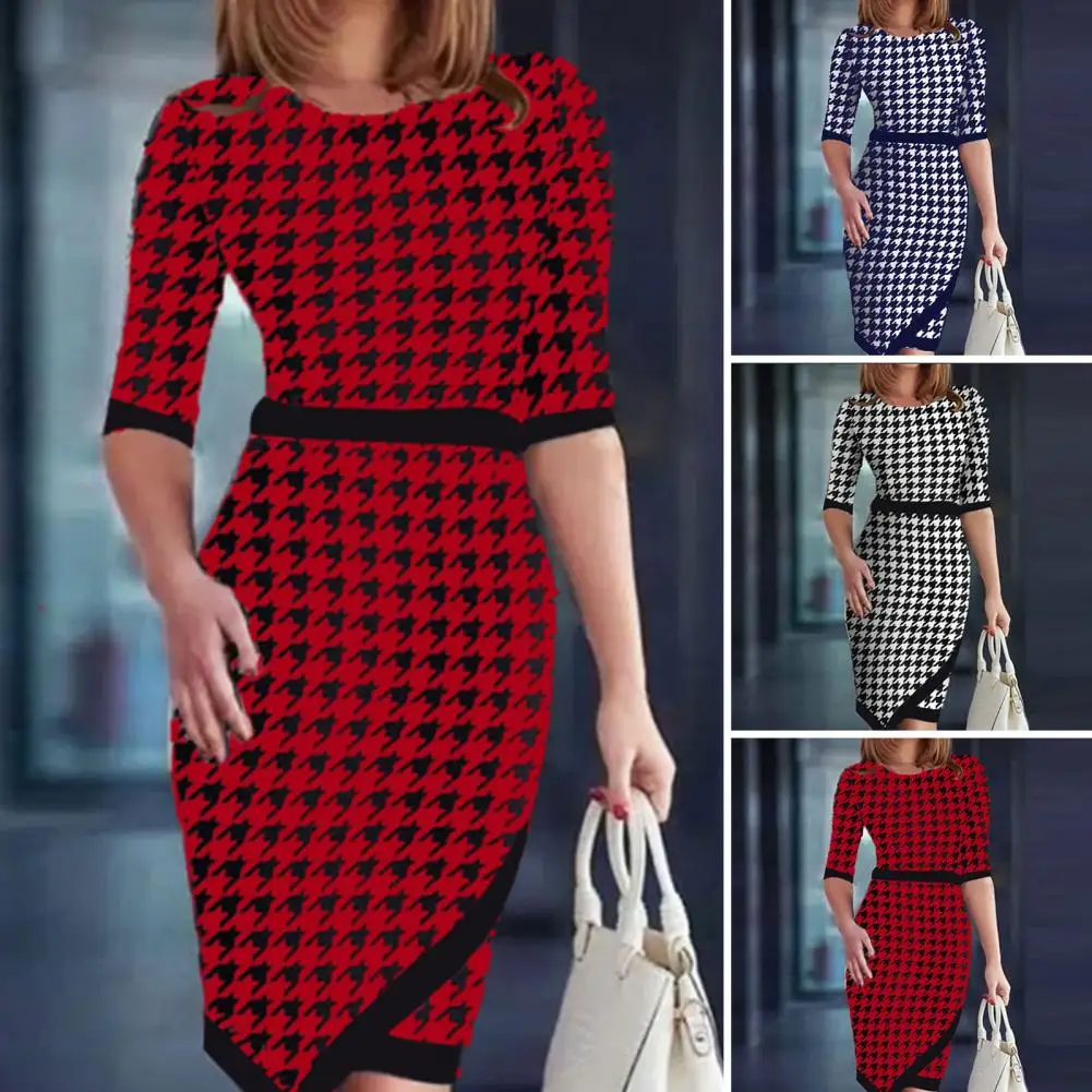 

Slim Fit Dress Elegant Knee Length Midi Dress with Irregular Split Hem Printed Color Matching for Women Slim Fit Round Neck Half
