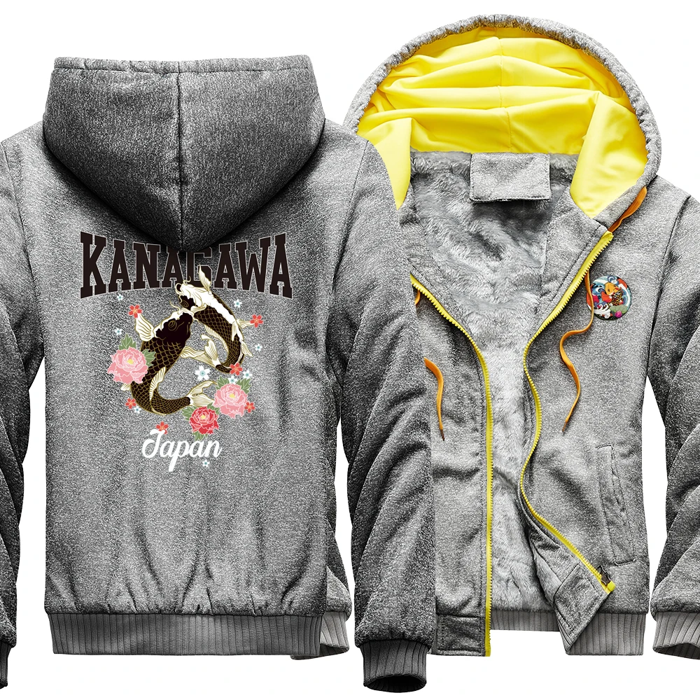 

Kanagawa Japan Funny Carp Print Man Hoodies Thicken Warm Cardigan Jackets Zipper Loose Clothing Winter Pocket Tops Warm Hoody