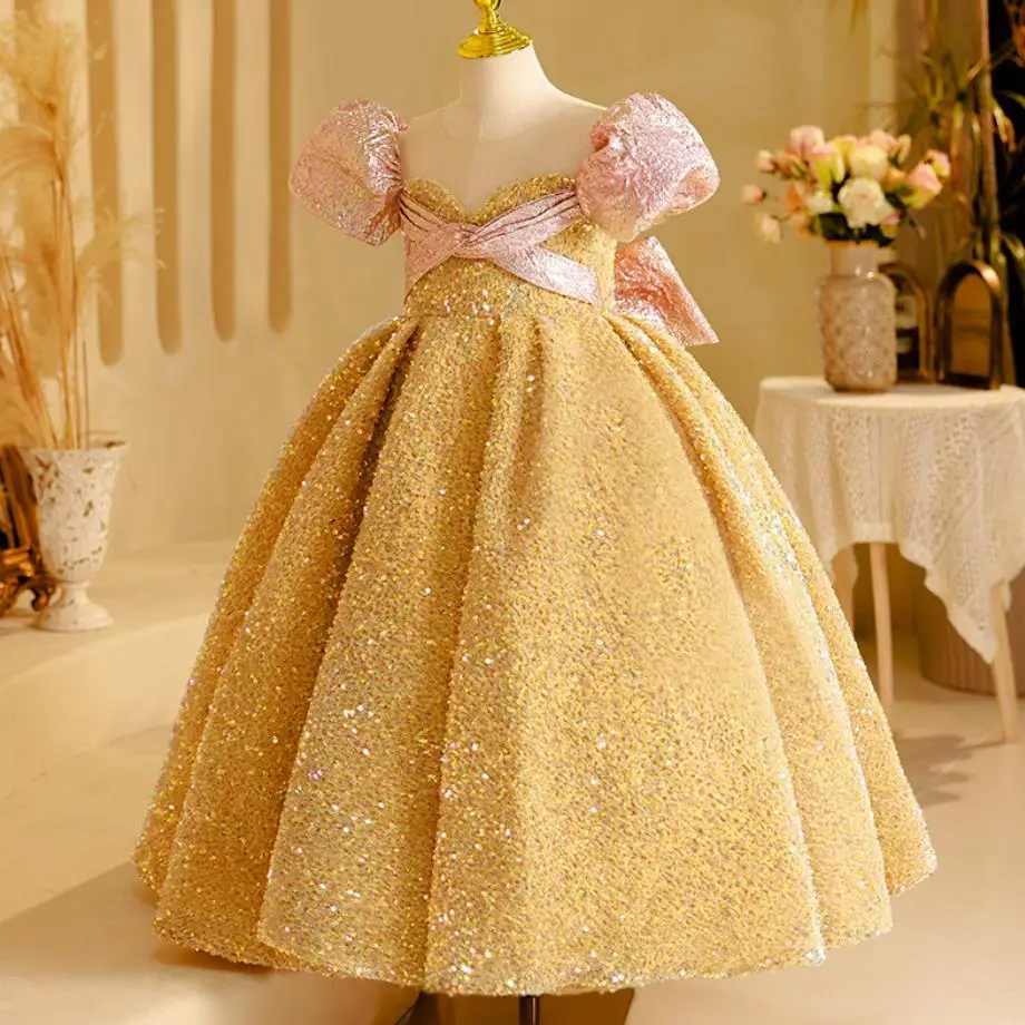 Off the Shoulder Gold Sequin Ball Gown for Child FD1959K – Viniodress