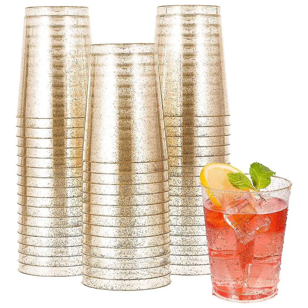 

[ Ready Stock 】 25pcs/set 10oz Hard Plastic Cups Disposable Glitter Tiramisu Ice Cream Juice Cup For Party Wedding