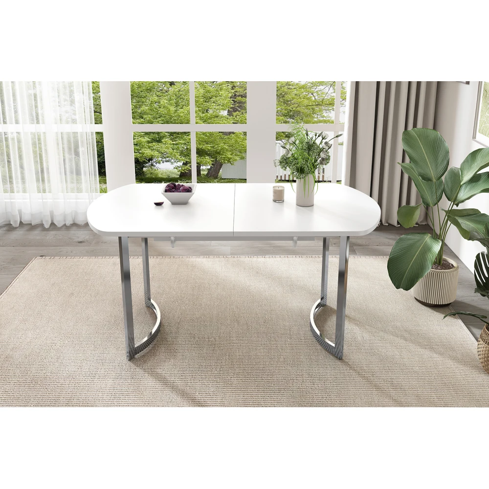 140/180 x 80 cm ausziehbarer Esstisch, versilberte Metallbeine, hochfester Legierungshalter, für 4–6 Personen, Weiß + Silber – Detail 12