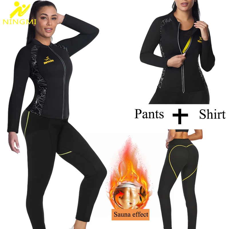 Ningmi Women Waist Trainer Sauna Shapewear Set Gym Leggings Fat Burning