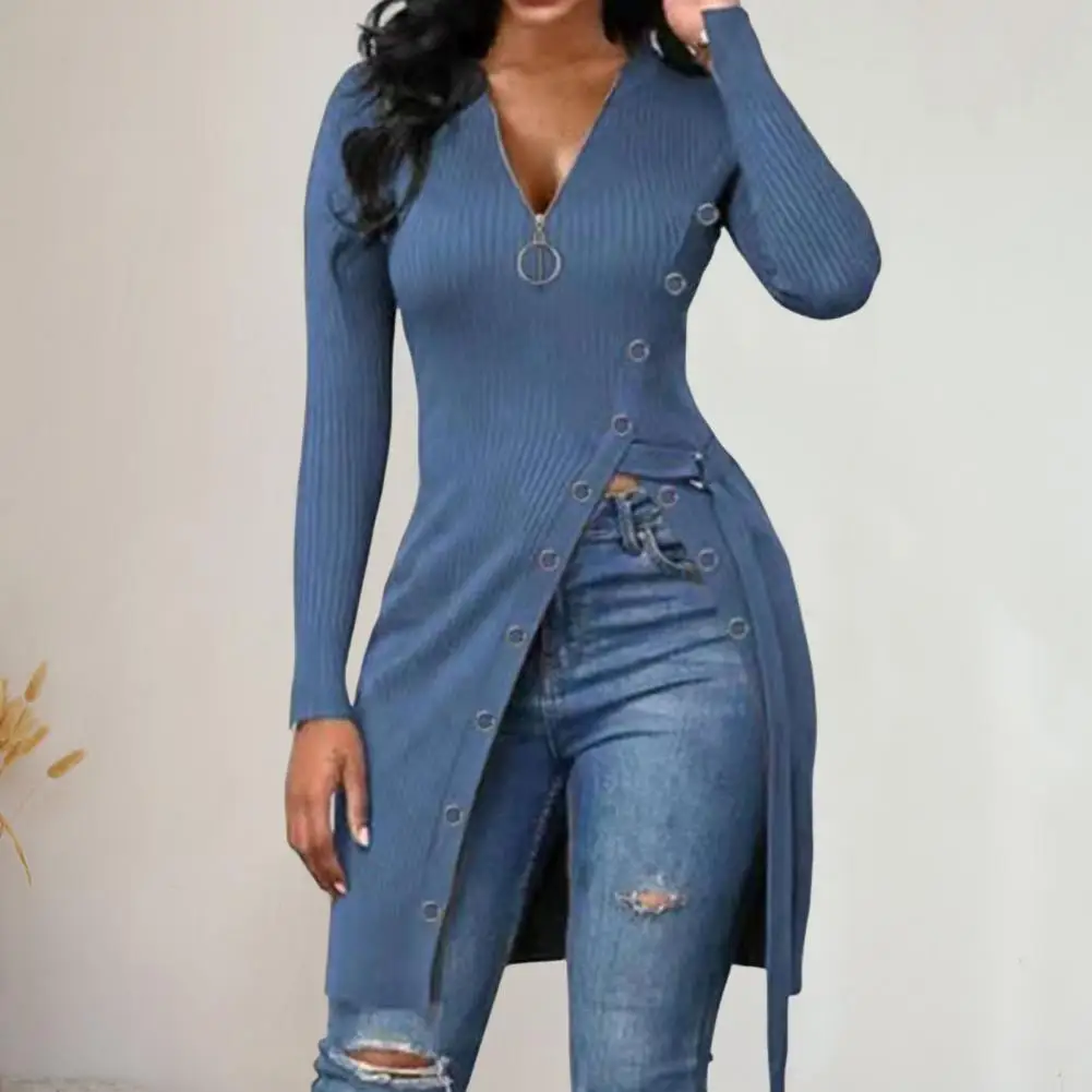 

Chic Pullover Blouse Breathable Women Blouse Ribbed Warm Women Solid Color Irregular High Split Tunic Top