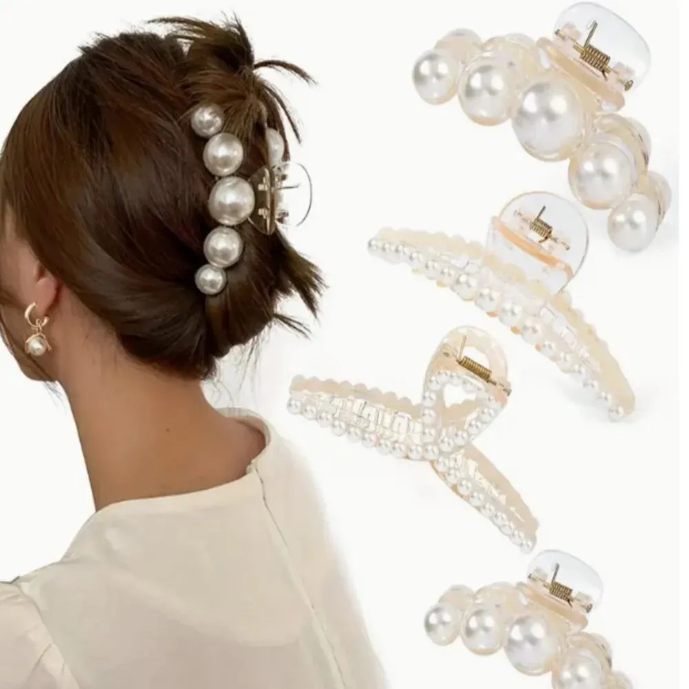 2031332-4982f2.png S03f50d0c748346a88b55fb92374a57bfO 4pcs Large Shark Clip Hair Accessories Temperament Versatile Simple And Generous Fashionable Gentle Pearl Grab Clip Mallzona