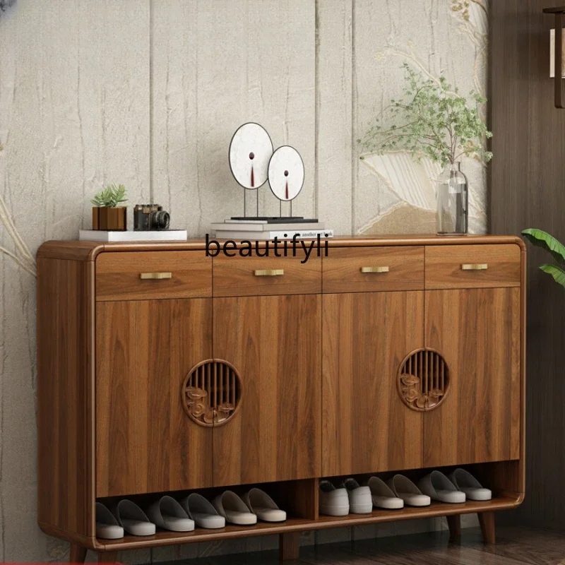 

New Chinese Style Shoe Cabinet Home Doorway Solid Wood Frame Home Living Room Entrance Cabinet Integrated Locker