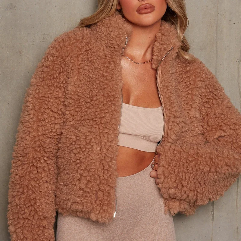 Fashion Fleece Jacket Women Lamb Long Sleeve Fuzzy Cropped Jacket Zipper Pocket Turtleneck Fluffy Winter Coat Outfits White