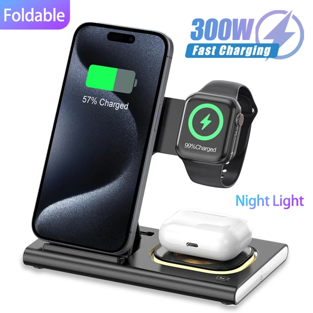 300W Foldable 3 In 1 Wireless Charger Stand Pad Desktop Fast Charging Station For iPhone 16 15 14 13 Samsung Apple Watch Airpods 1