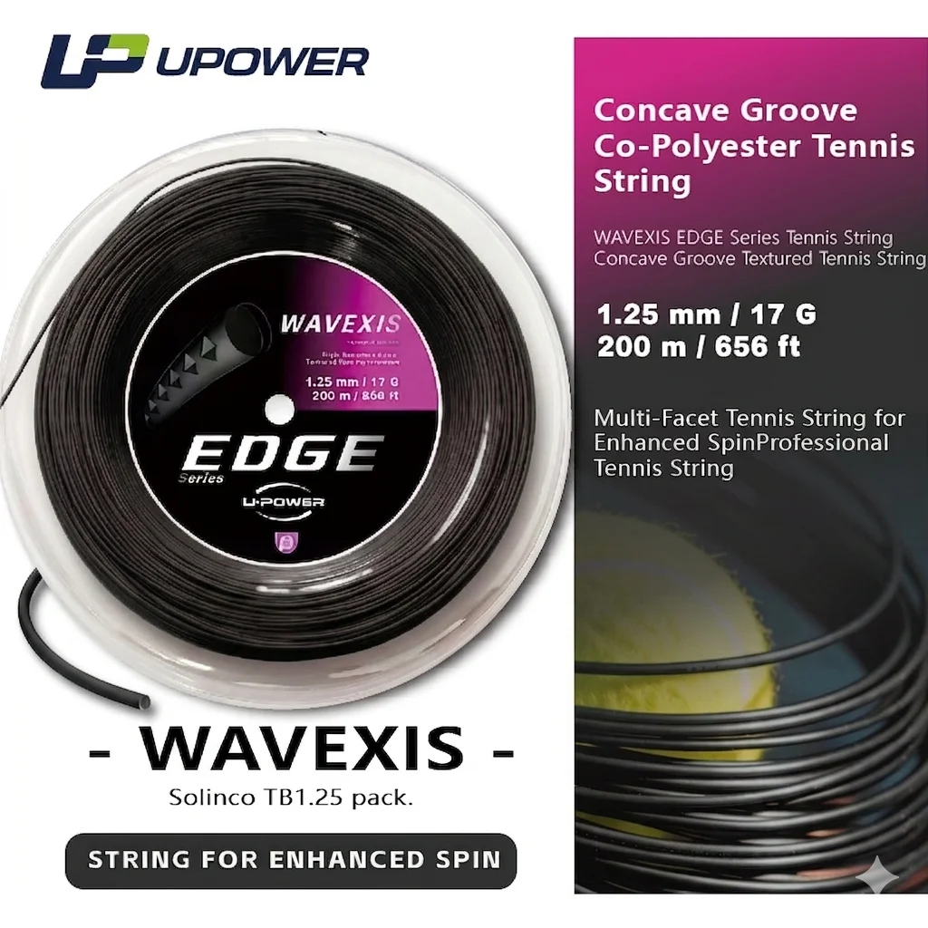 코폴리에스터 테니스 스트링 U-POWER EDGE WAVEXIS 오목 홈 핑크 1.25mm 200m 강화된 스핀