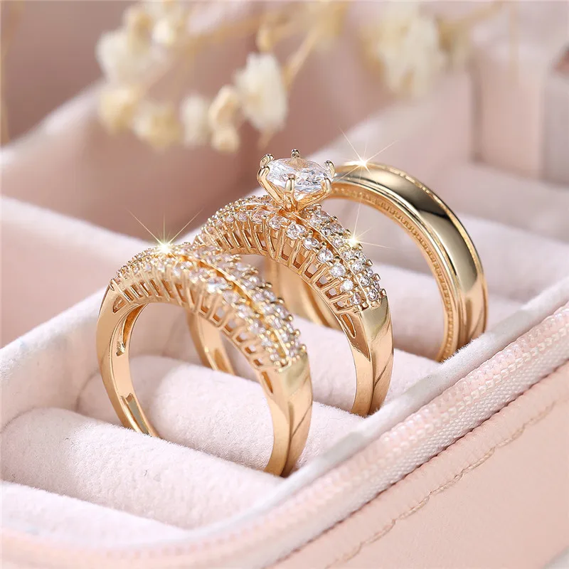 Luxury Female Crystal White Zircon Stone Engagement Ring Set Cute Wedding Jewelry For Women
