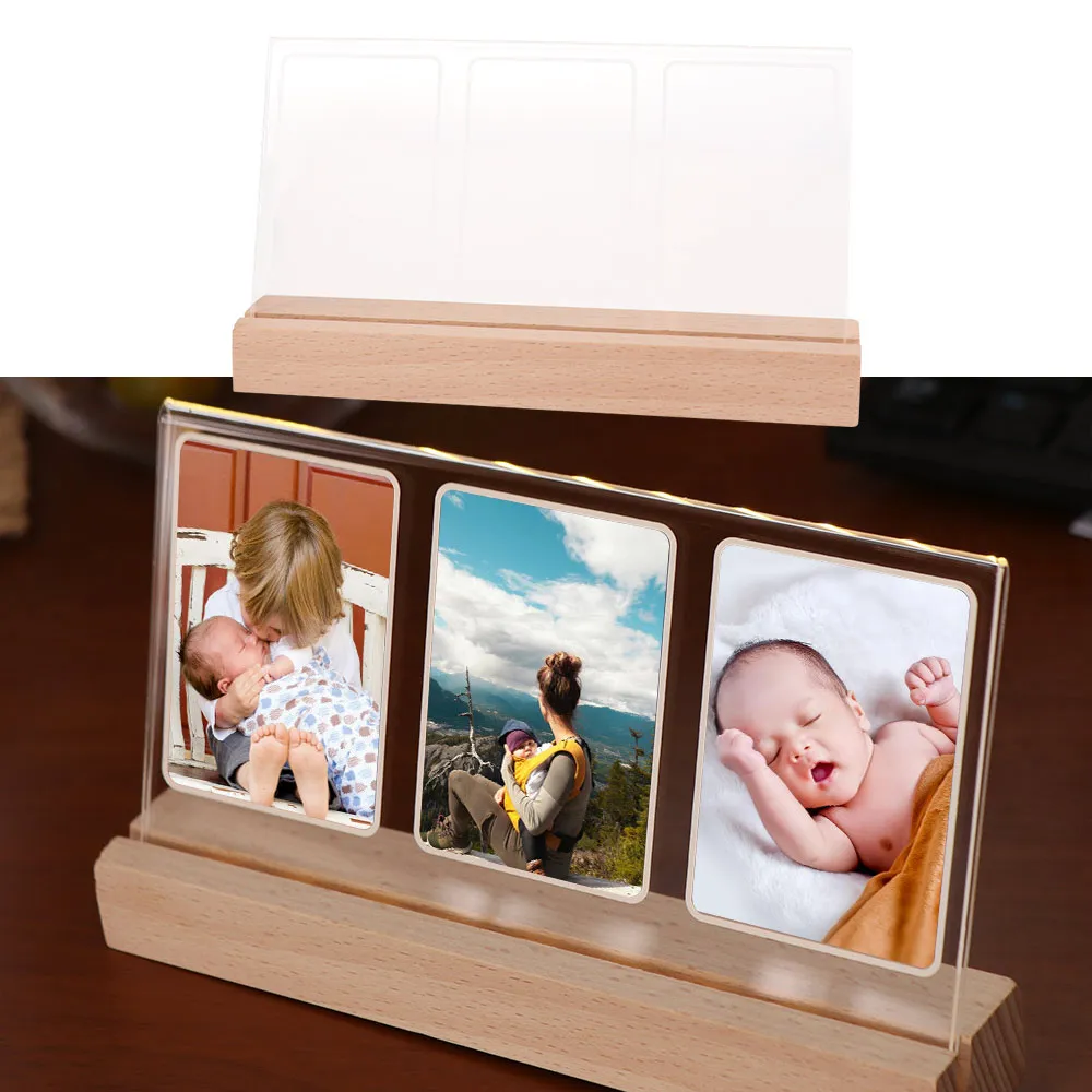 3 in 1 LED Light Photo Frame Clear Acrylic Wooden Base Instant Picture Frame Ornament 3 Inch Photo Tabletop Photo Display Rack