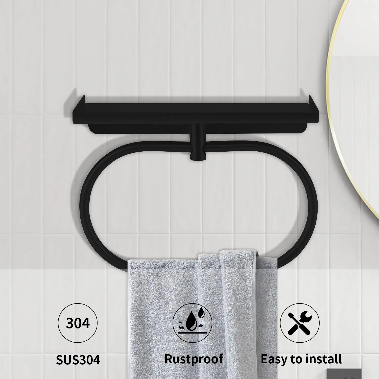 Stainless Steel Sticky Hand Towel Holder, Self Adhesive Hand Towel Ring for Bathroom, No Drilling Modern Hanger.