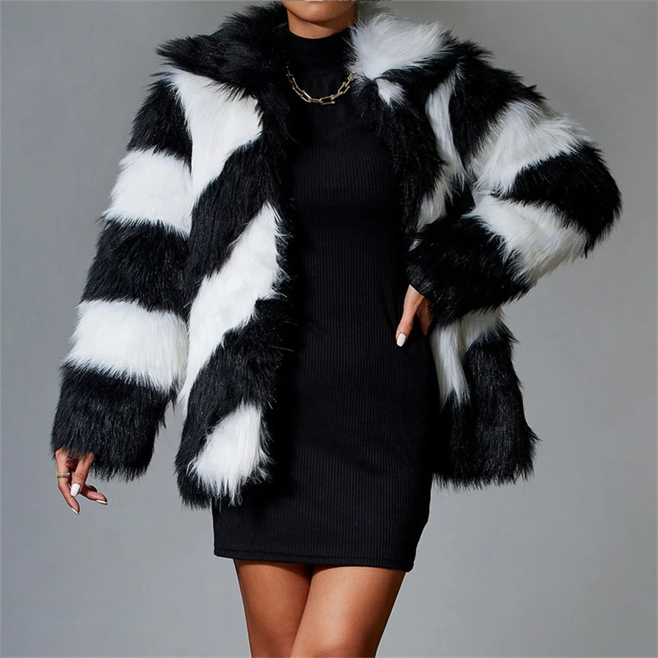 Faux Fox Fur Coat Women Black White Stripe Fashion Plush Coat Turn Down Collar Loose Fur Jacket Winter Thick Warm Overcoat