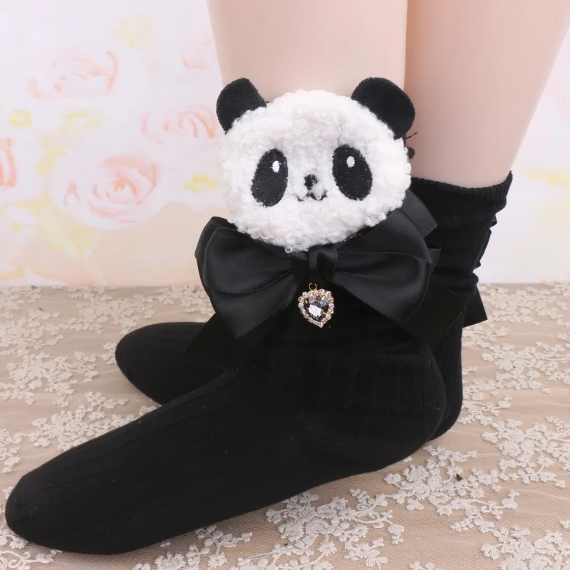 Chinese Style Sweet Cute Furry Cartoon Heart Shape Rhinestone Pendant Purified Cotton Short Socks Girl Women's Black Stockings