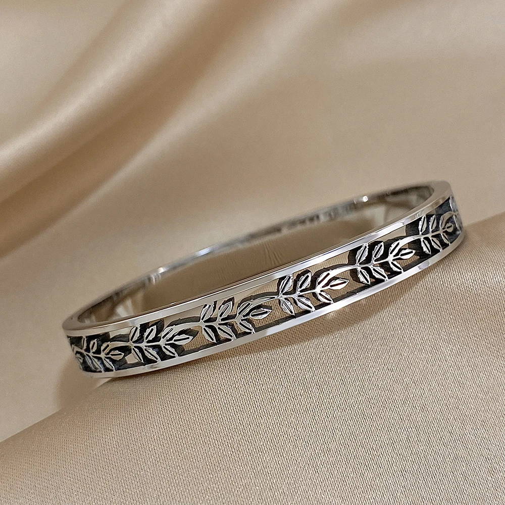 Vintage Ancient Greek Leaves Stainless Steel Bangles Bracelet for Women Fashion Cuff Wrist Waterproof Laurel Leaves Jewelry Gift 5