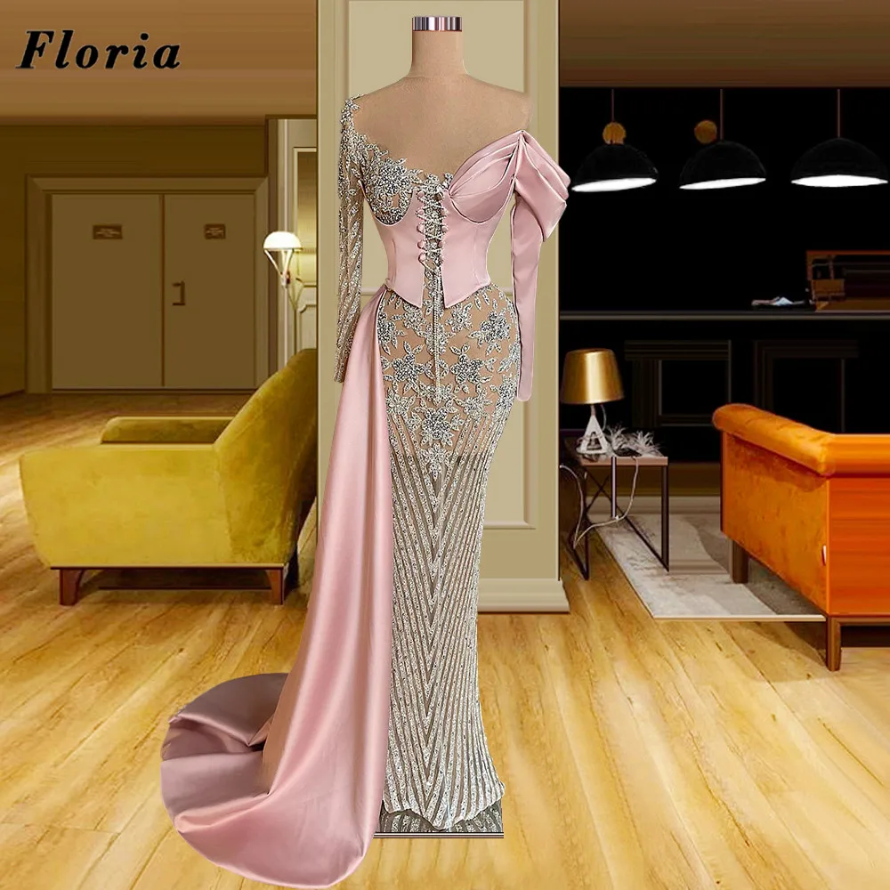 

Floria Elegant Pink Long Celebrity Dresses With Beads Robes De Cocktail 2020 Newest Women Evening Dresses Party Gowns For Prom