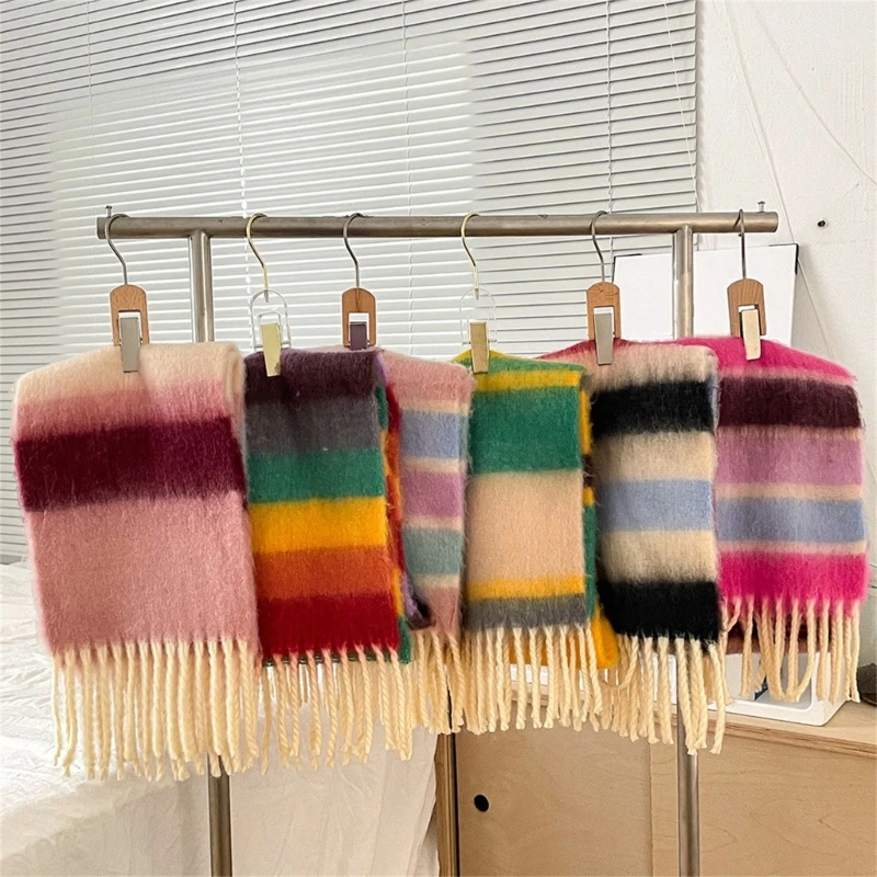 Colorful Striped Kids Scarf with Tassels, Soft & Comfortable Neckerchief Warm Winter Accessory for Boys Girls 3-12Y X90C