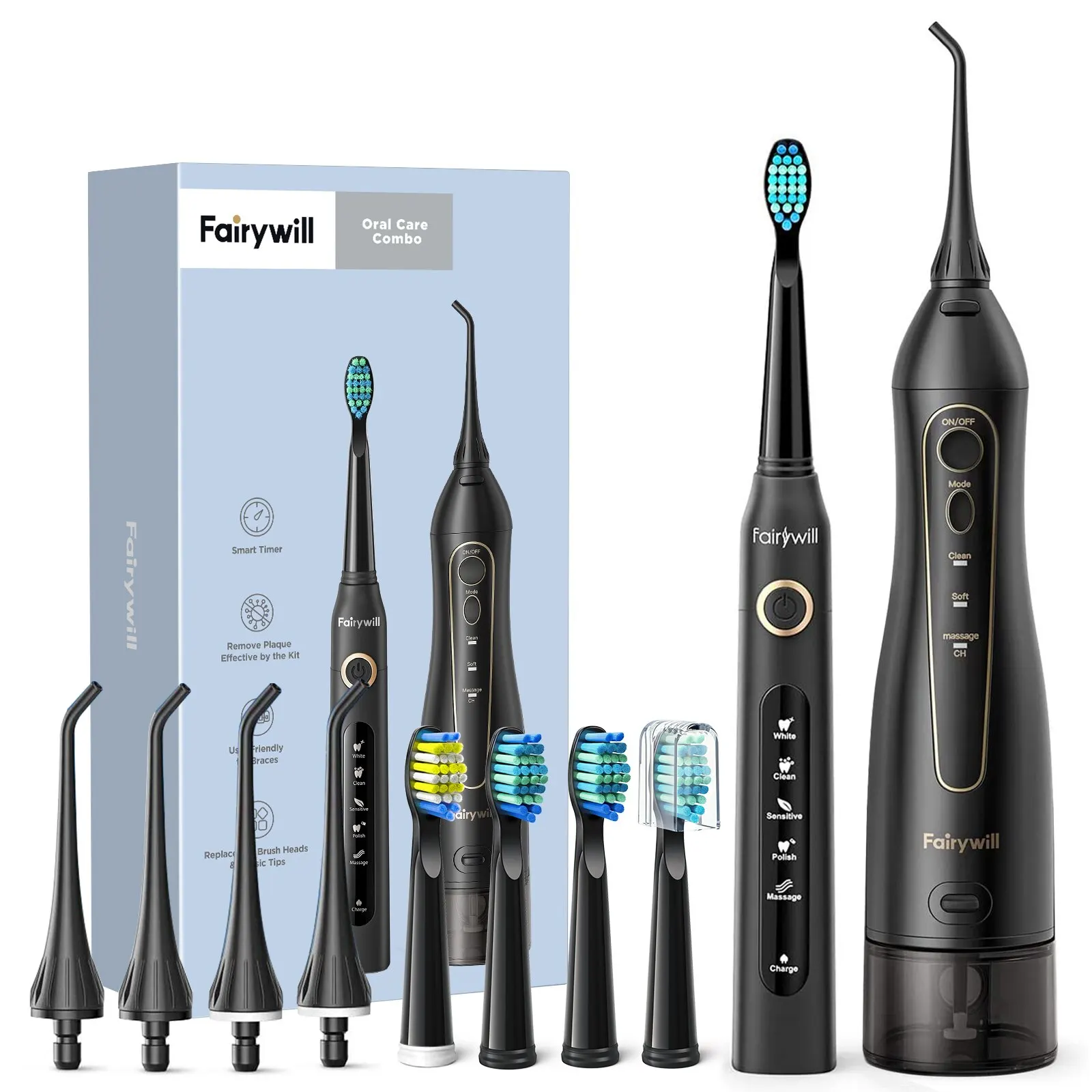 Fairywill 물 치과 치실, 휴대용 무선 USB 구강 세정기 클리너, 가정용 전기 칫솔 세트, IPX7 방수