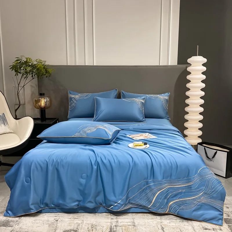 SolidColorSatinWashedSilkBeddingSetQuiltDuvetSetsSummerQuilt
