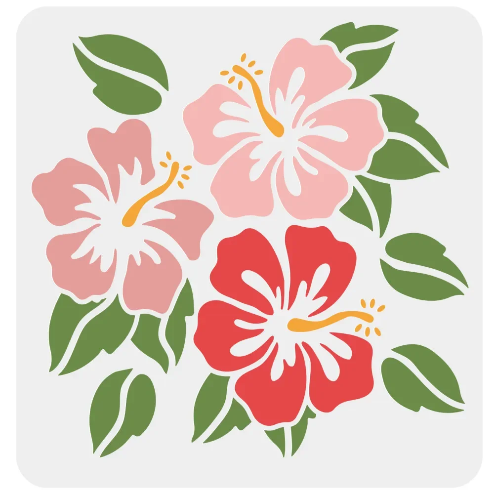 Hibiscu Flowers Stencil Hawaii Flower Stencil Reusable Square Leaf Plant Washable DIY Stencil Template for Drawing on Wood Floor