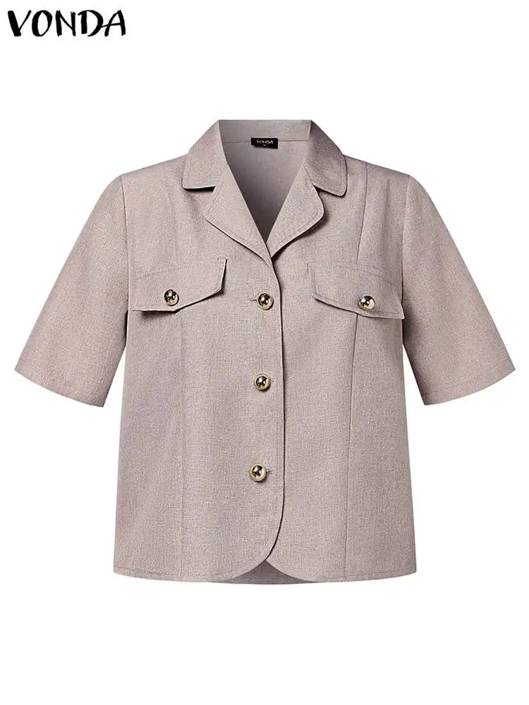 VONDA Women Elegant Blazer Short Sleeve Suit Collar Office Tunic Tops 2023 Summer Solid Color Buttons Blazer Casual Coats Femme