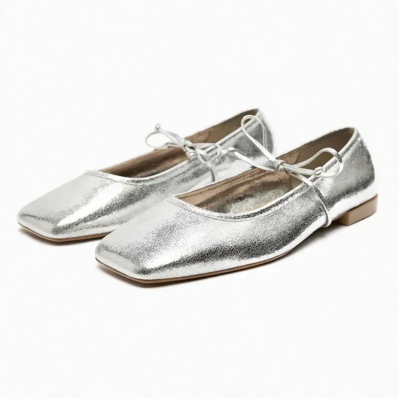 

Женские Туфли Мэри Джейн, серебристые балетки на плоской подошве с квадратным носком, на шнуровке, с бантом, весна-осень 2024