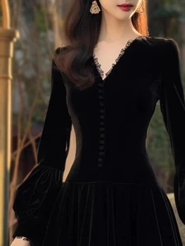 OCEANLOVE 2024 Spring Autumn Women Dresses Velvet Hepburn Style Solid Lantern Sleeve Vestidos Mujer French Vintage Long Dress 4
