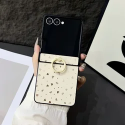 Glitter Love Heart Star Phone Case with Ring Buckle Bracket and Hinge Protection - Galaxy Z Flip 8 (Light gold)