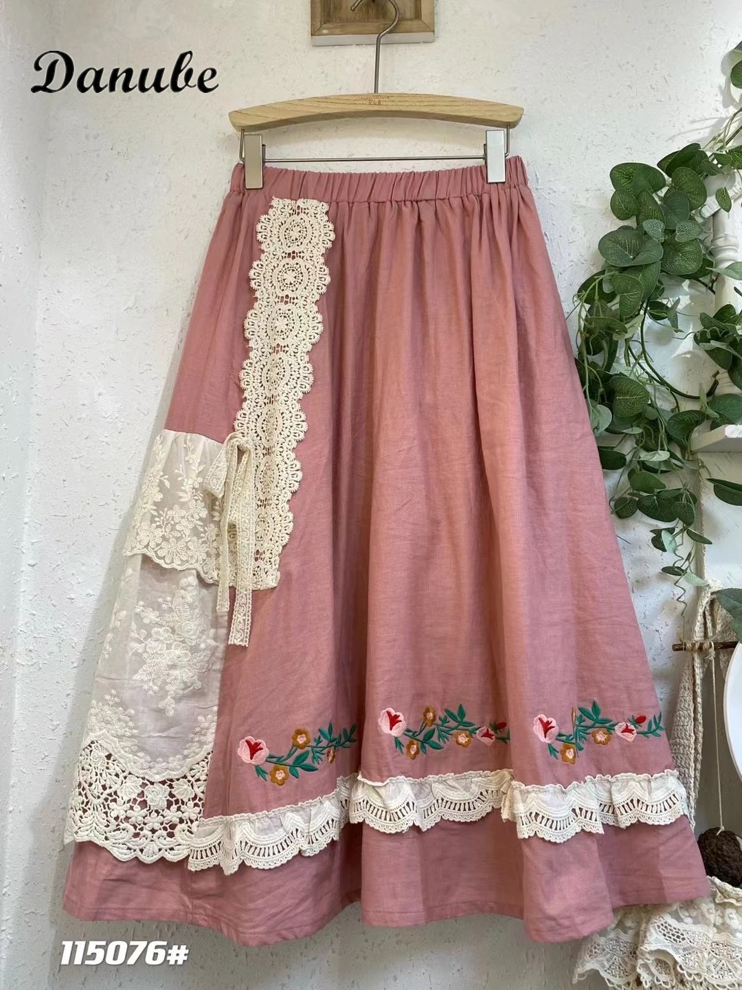 Vintage Lace Patchwork Cotton Linen Long Skirts Women Japanese High