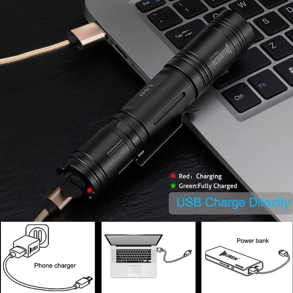 WUBEN L50 1200루멘 USB 충전식 LED 손전등(18650 배터리 포함) 방수 스포트라이트 캠핑 랜턴