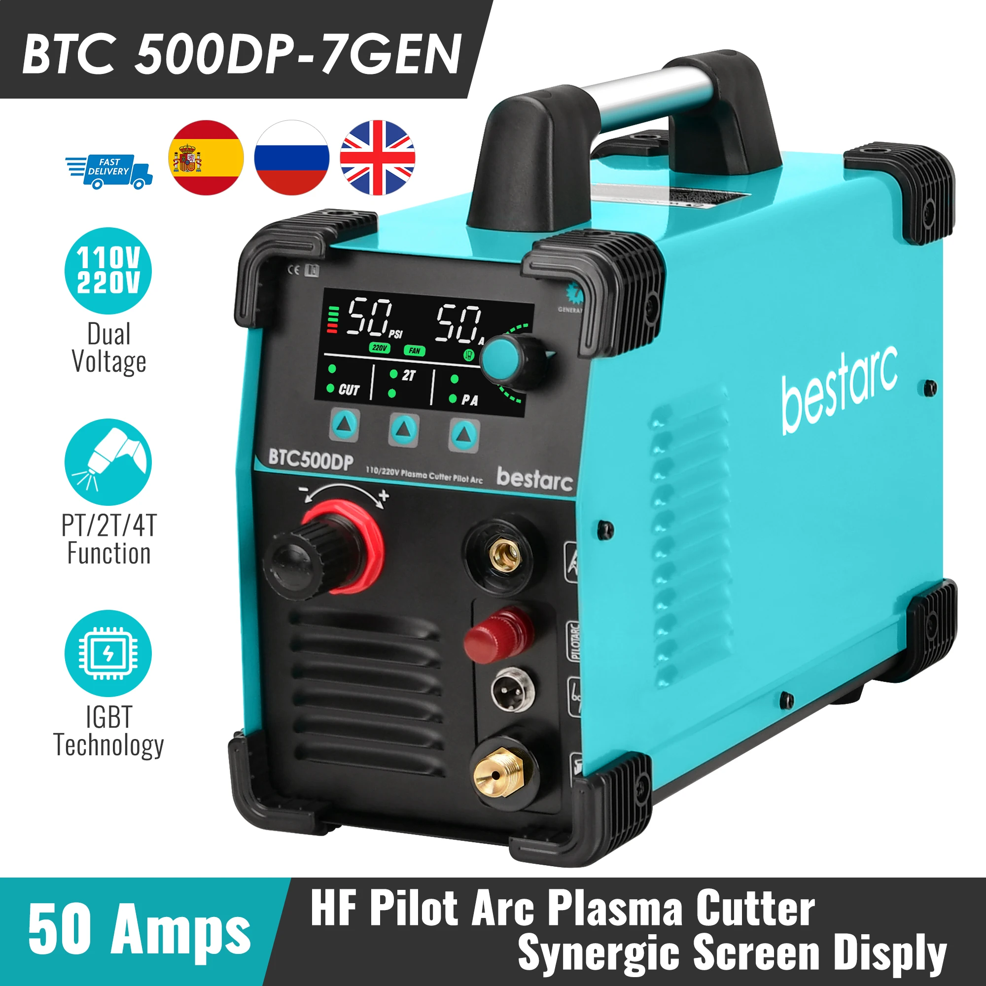 bestarcPlasmaCutterPilotArcBTC500DP7thGEN50AmpsScreenDisplaySinglePhaseVoltage220V