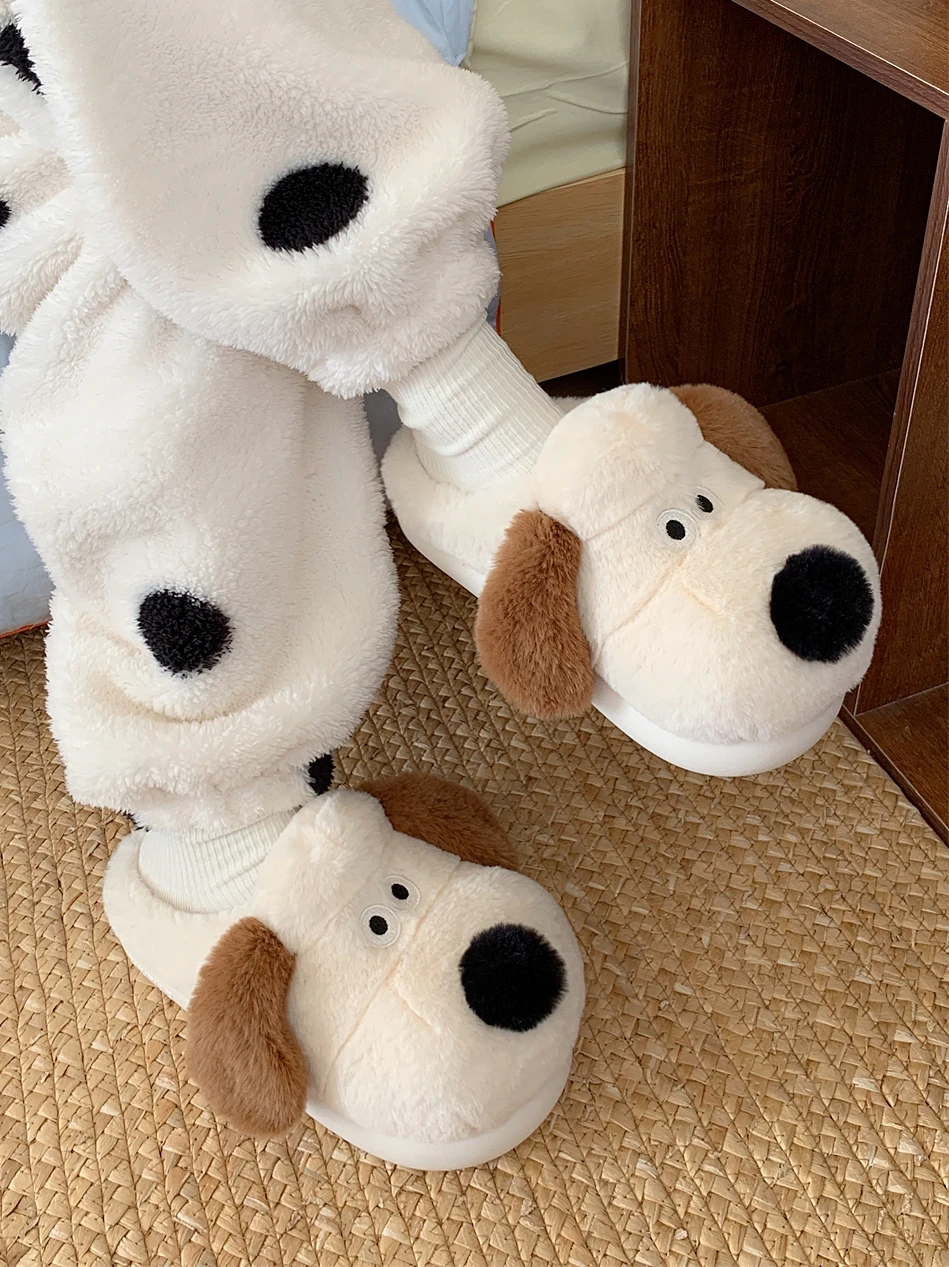 

Cute Puppy Cotton Slippers For Men And Women Plush Home Slipper Interior Insulation Ins Cartoon Palm Dog Parent-child Slippers