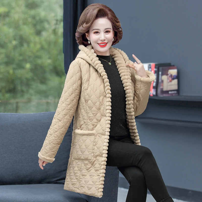 벨벳 안감 재킷, 중년 여성, 플러스 사이즈 라지 안감 재킷, 두껍고 따뜻한 롱 재킷, 겨울